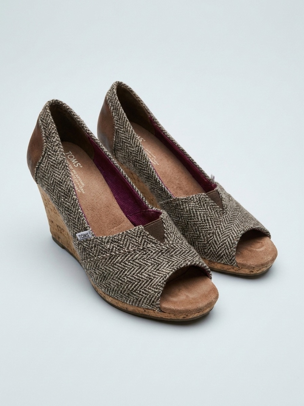 TOMS Brown Herringbone Cork‎ Wedge Peep-Toe Shoes